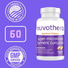 Nuvothera turmeric capsules on white background indicate convenient joint and skin support.