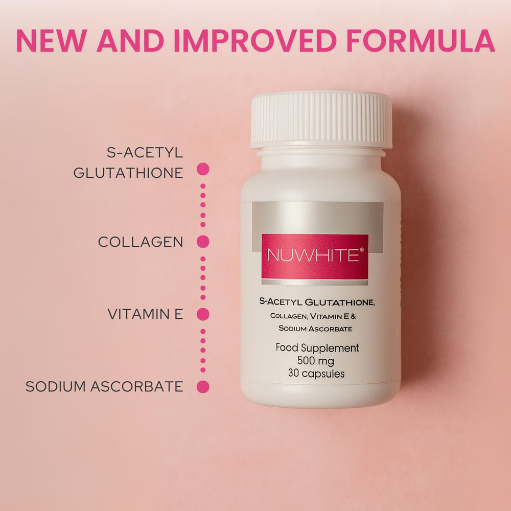 Nuwhite S-Acetyl Glutathione bottle back label with supplement details.
