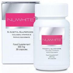 Nuwhite S-Acetyl Glutathione bottle front showcases premium packaging and label.