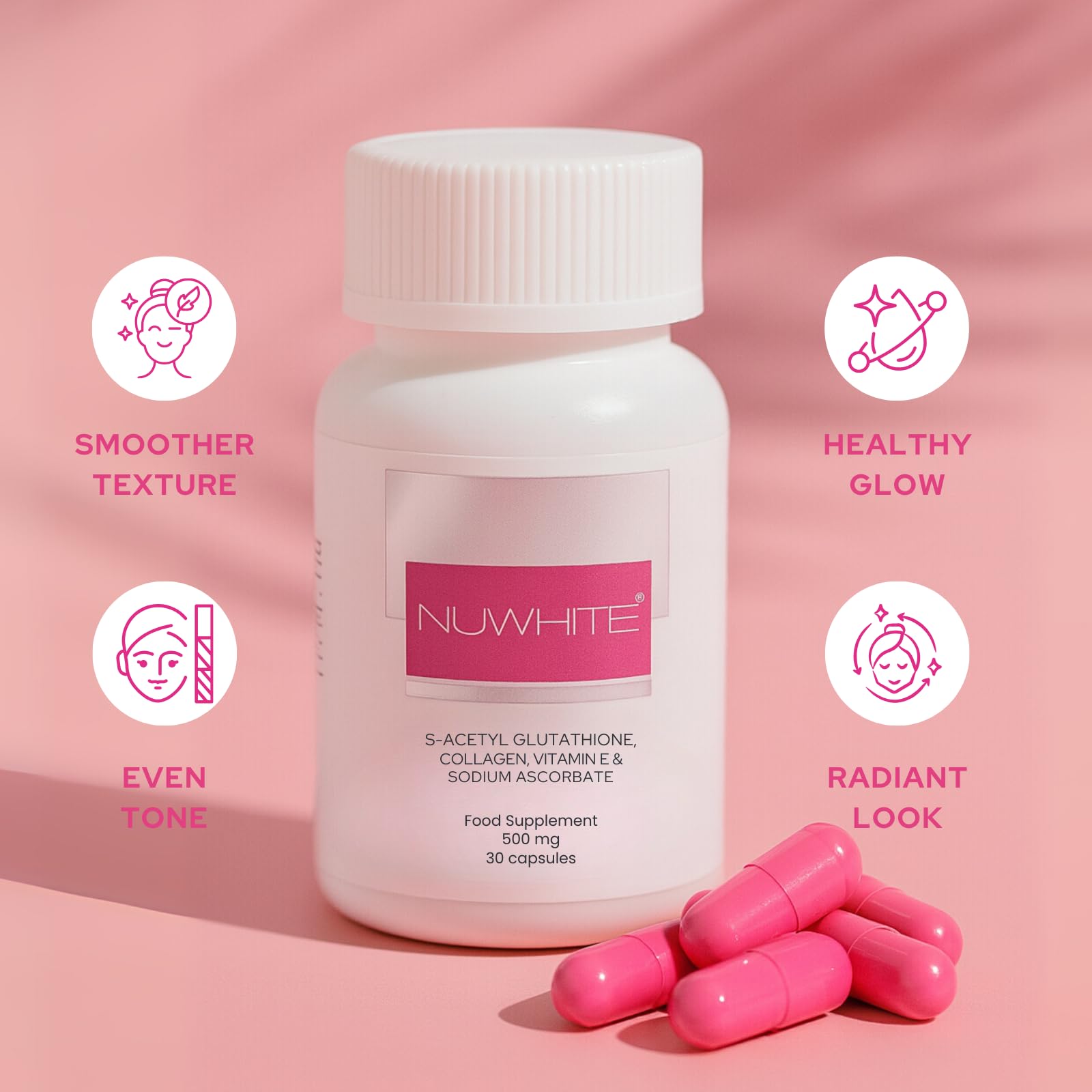 Nuwhite S-Acetyl Glutathione capsules close-up highlighting smooth, easy-to-swallow form.