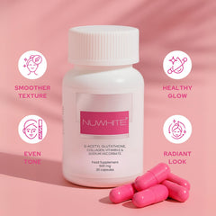 Nuwhite S-Acetyl Glutathione capsules close-up highlighting smooth, easy-to-swallow form.