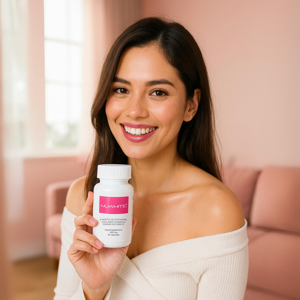 Nuwhite S-Acetyl Glutathione packaging shown in a clean retail display.
