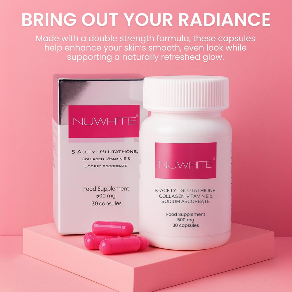Nuwhite S-Acetyl Glutathione routine glow suggests balanced skin tone.