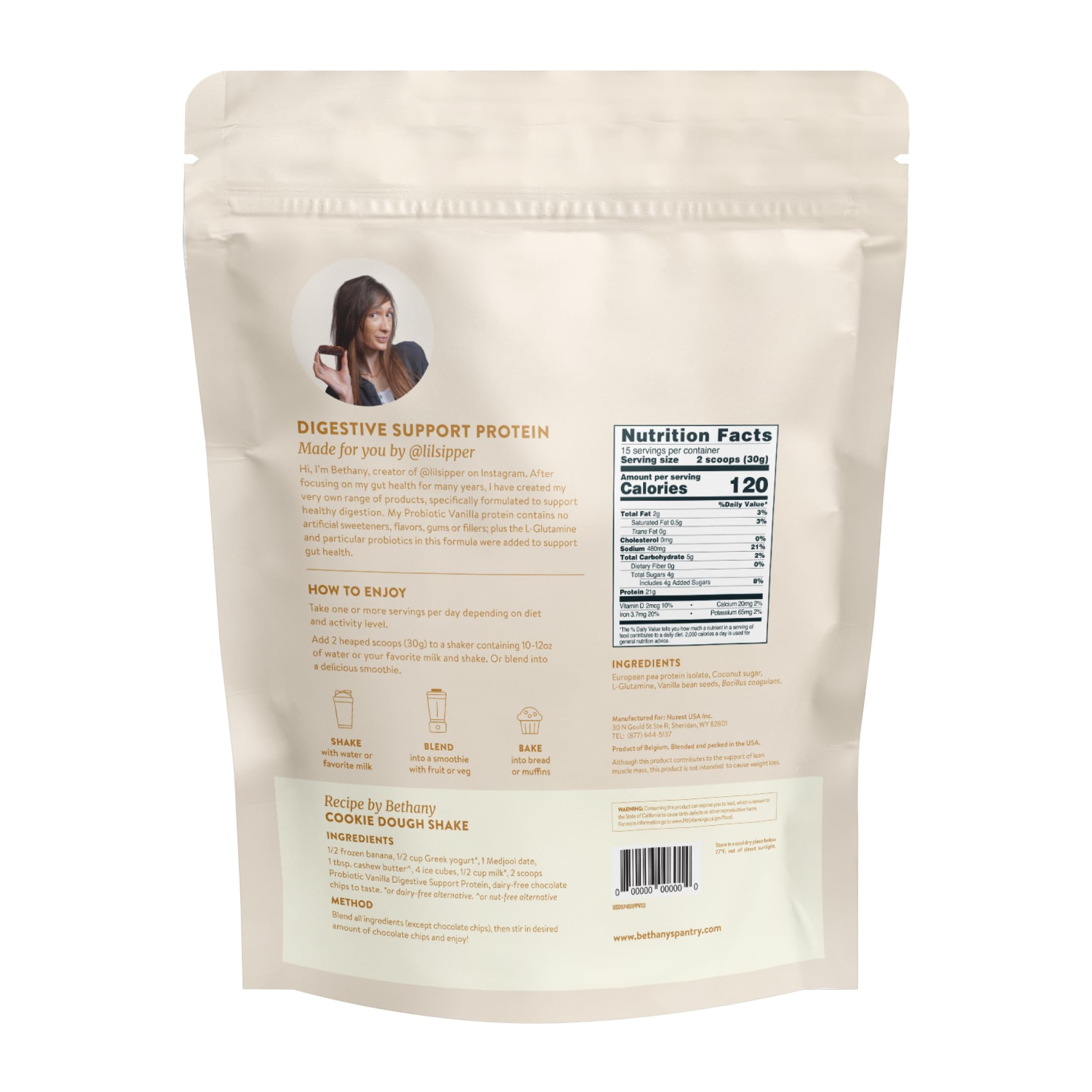 Nuzest Bethany's Pantry Label Closeup highlights clean ingredients and probiotic blend.