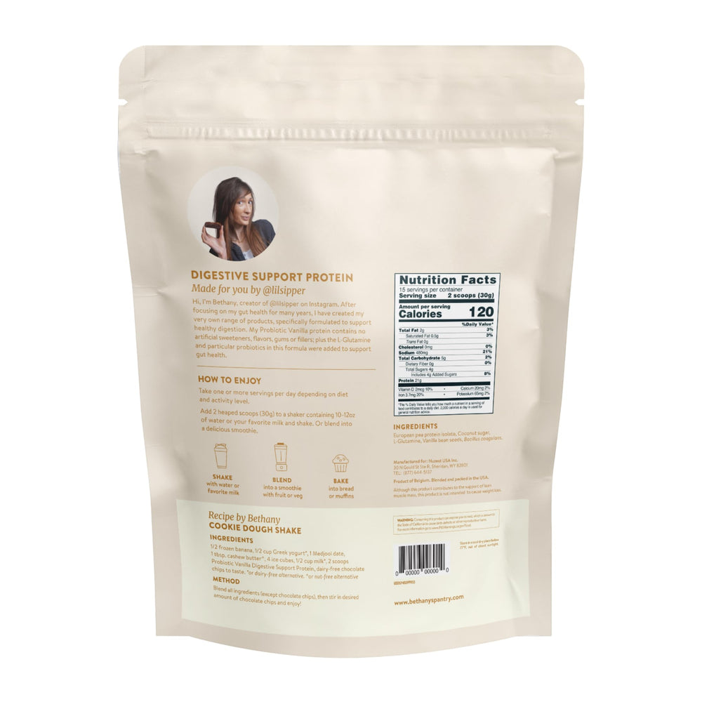 Nuzest Bethany's Pantry Label Closeup highlights clean ingredients and probiotic blend.