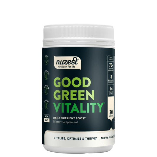 Nuzest Good Green Vitality tub front emphasizes vegan multivitamin convenience for daily nutrition