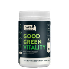 Nuzest Good Green Vitality tub front emphasizes vegan multivitamin convenience for daily nutrition