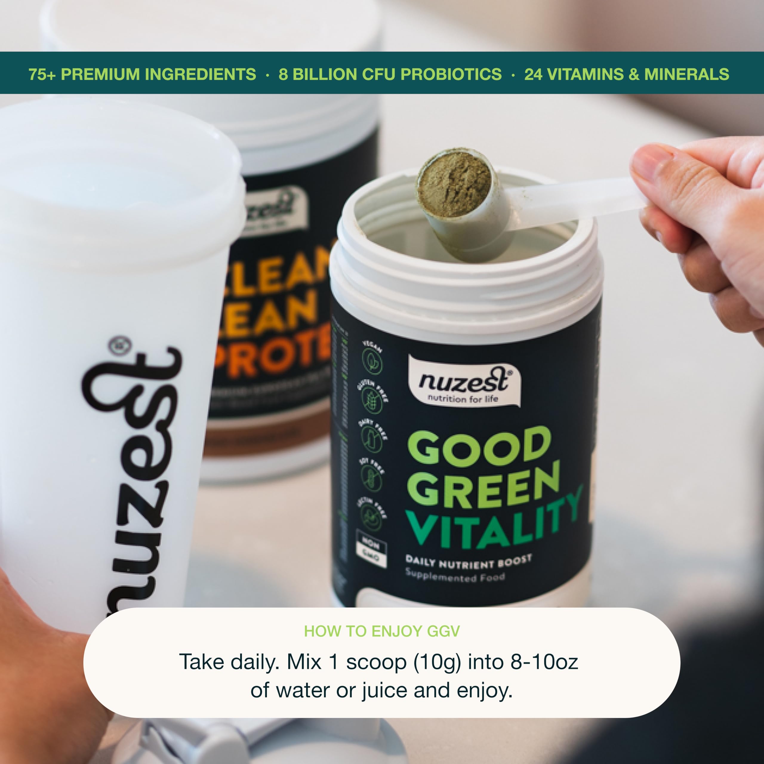 Nuzest Good Green Vitality tub open reveals easy access to daily greens