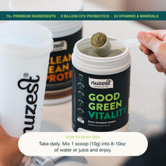 Nuzest Good Green Vitality tub open reveals easy access to daily greens