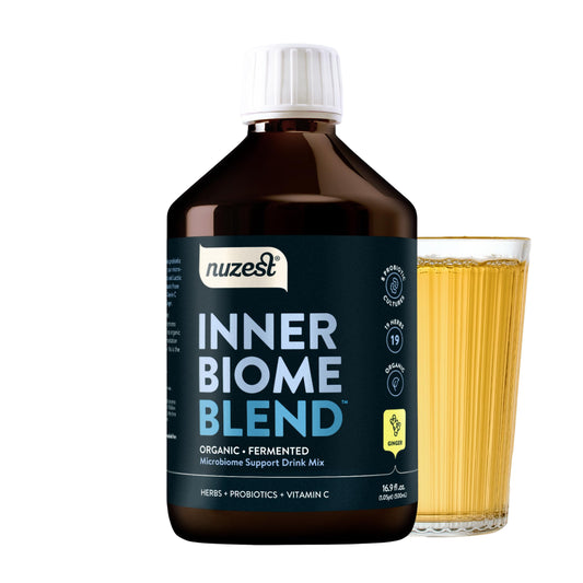 Nuzest Inner Biome Blend bottle front view supports daily gut wellness