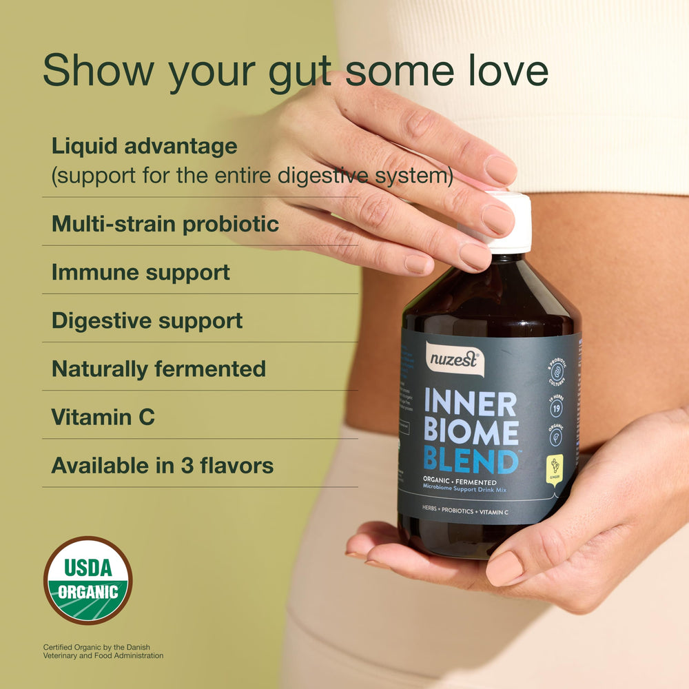 Nuzest Inner Biome Blend fermentation bubbles illustrate active cultures in liquid
