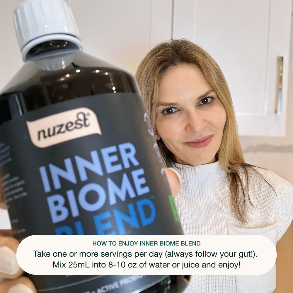 Nuzest Inner Biome Blend fermentation culture label explains probiotic benefits visually