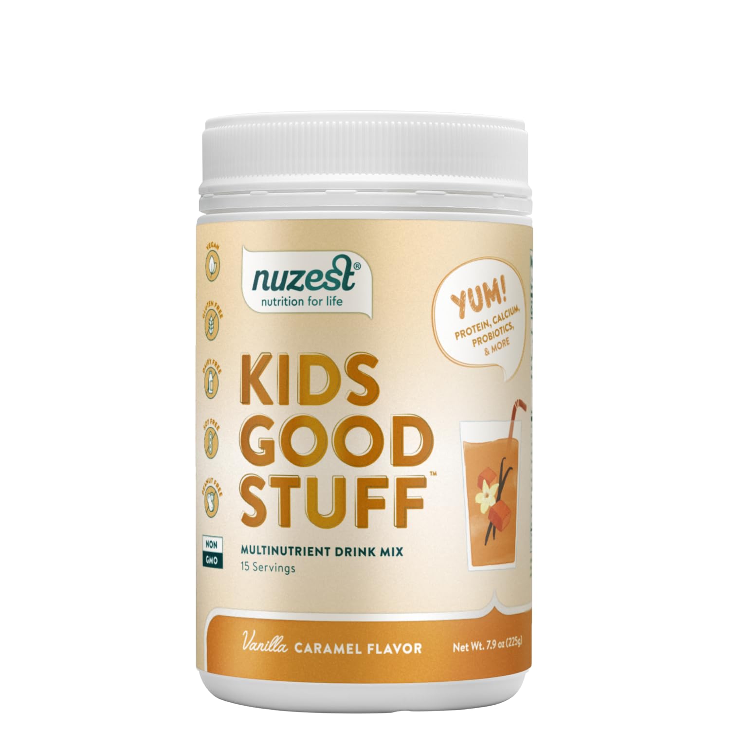 Nuzest Kids Good Stuff vanilla caramel tub front label highlights vitamins