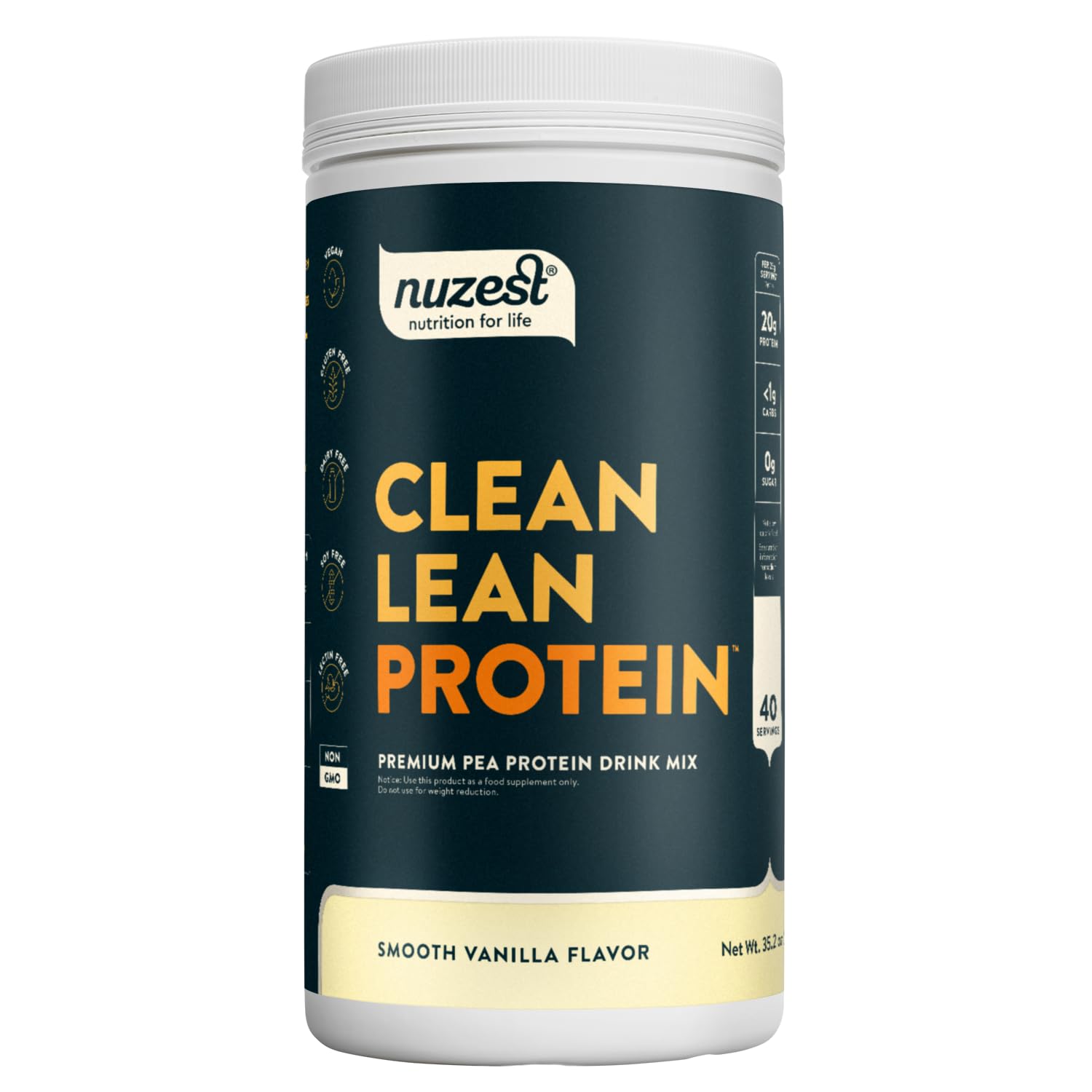 Nuzest pea protein powder bottle with vanilla flavor for everyday smoothies