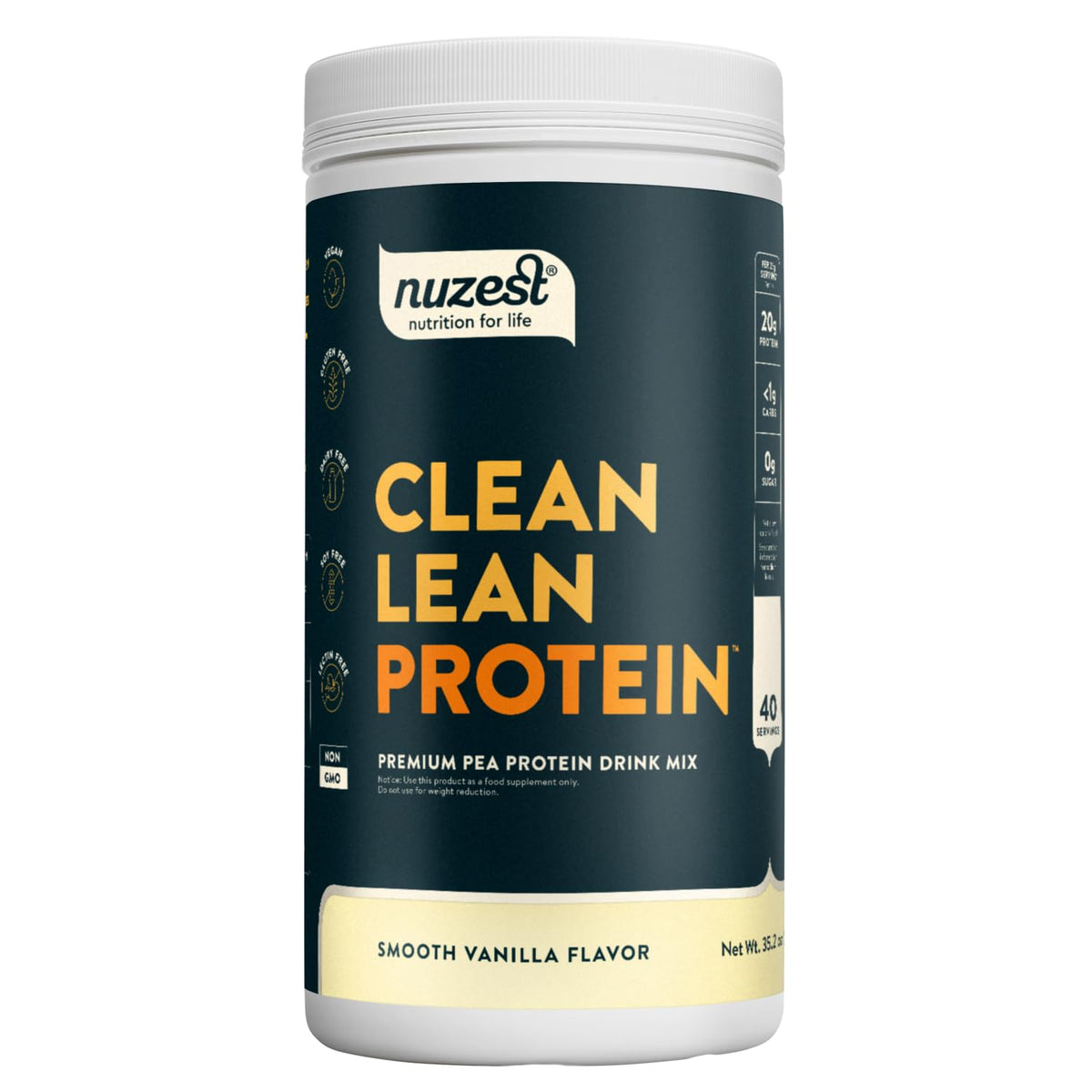 Nuzest pea protein powder bottle with vanilla flavor for everyday smoothies
