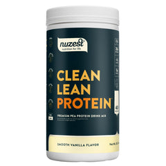 Nuzest pea protein powder bottle with vanilla flavor for everyday smoothies