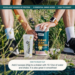 Nuzest pea protein powder on a kitchen counter for easy use.