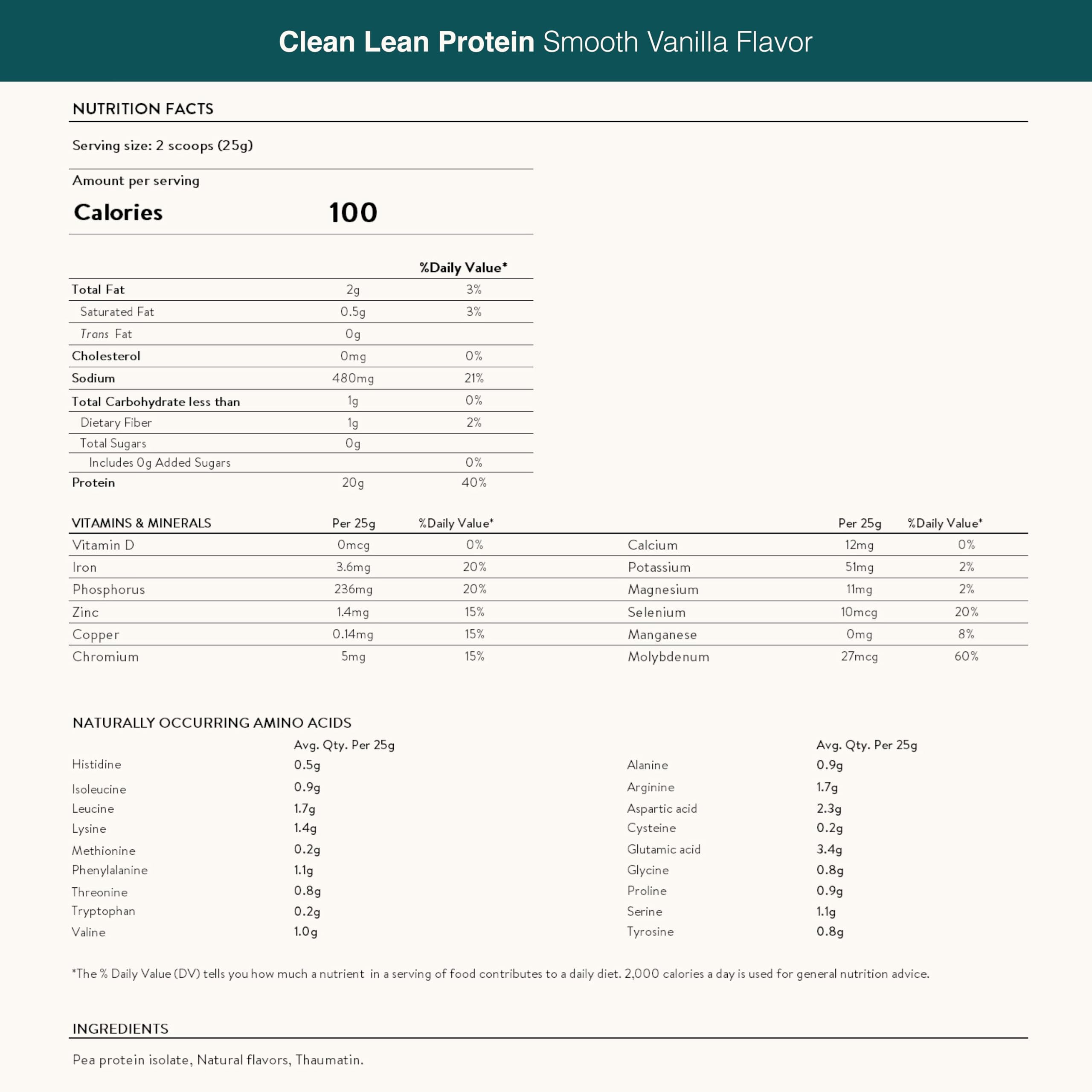Ingredients graphic highlights water-based pea protein isolation preserving amino acids.
