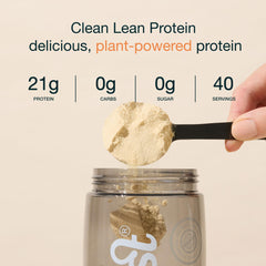 Nuzest pea protein powder label close-up shows allergen-free and non-GMO credentials
