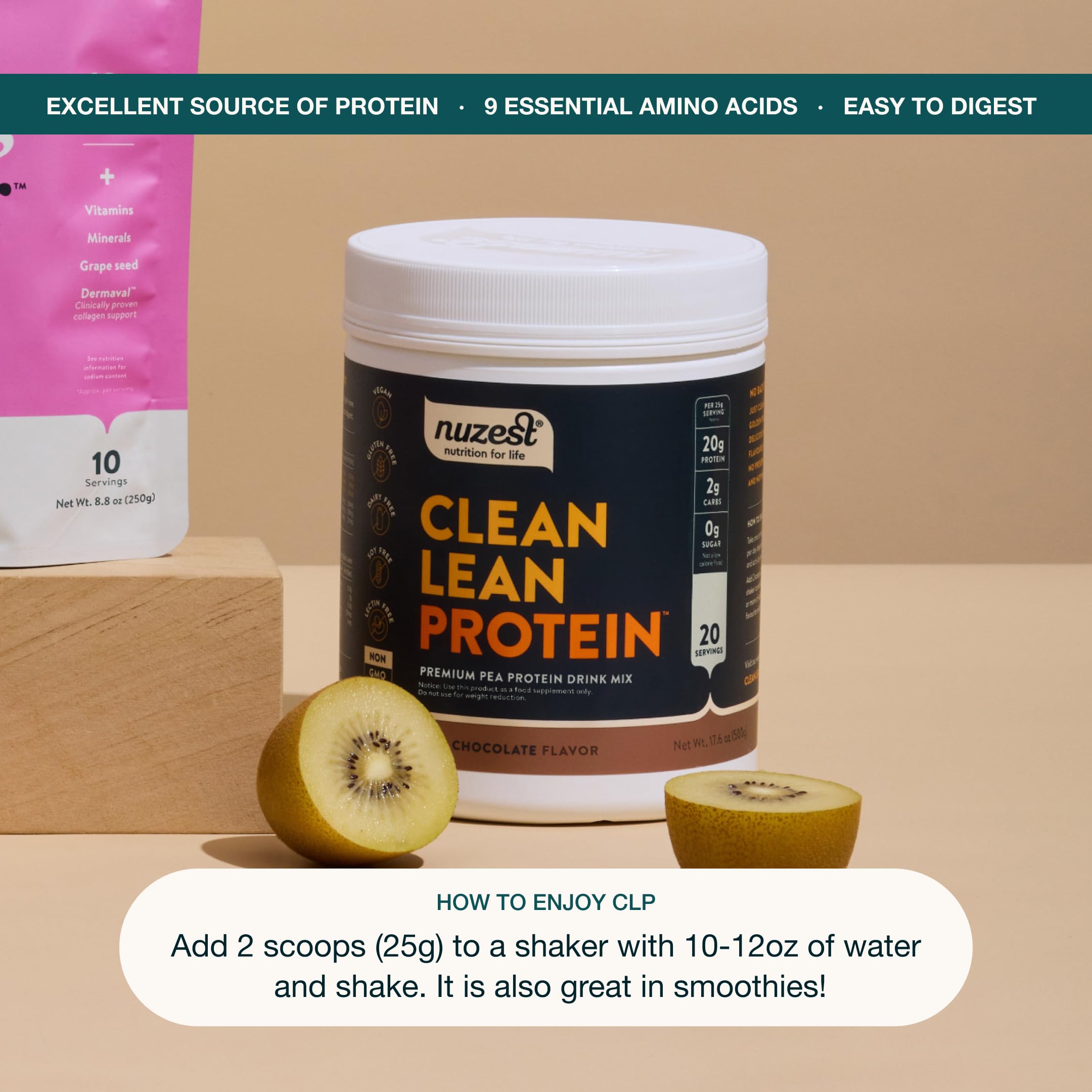 Nuzest pea protein powder packaging communicates eco-friendly, premium vegan protein