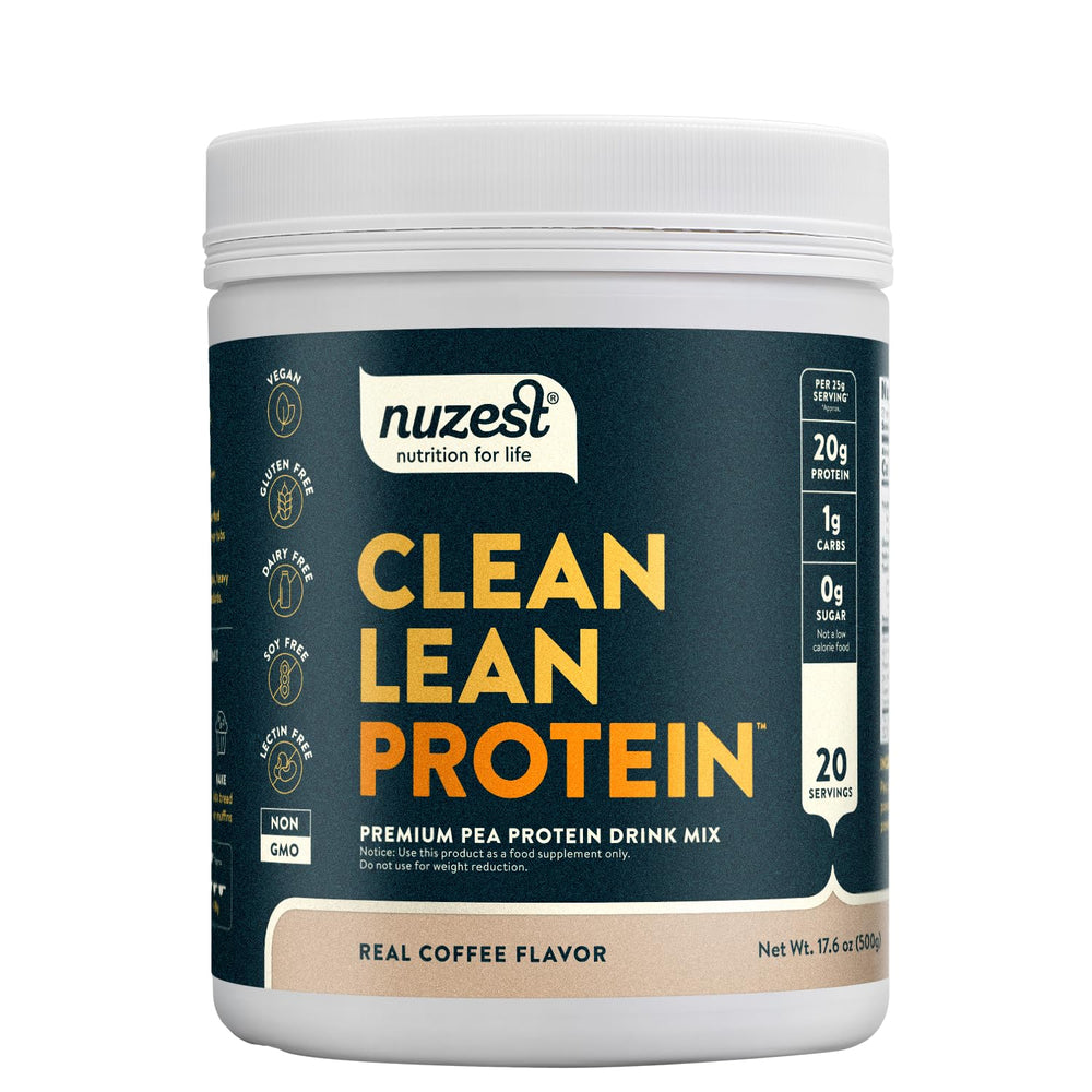 Nuzest Real Coffee canister showcases premium vegan pea protein for active days