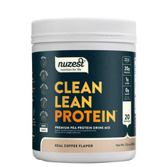 Nuzest Real Coffee canister showcases premium vegan pea protein for active days