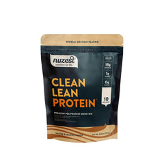 Nuzest pea protein salted caramel tub highlights premium vegan protein for daily fueling.