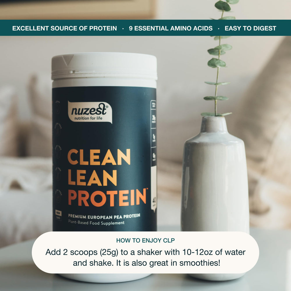 Nuzest pea protein powder shake being poured illustrating smooth mixability