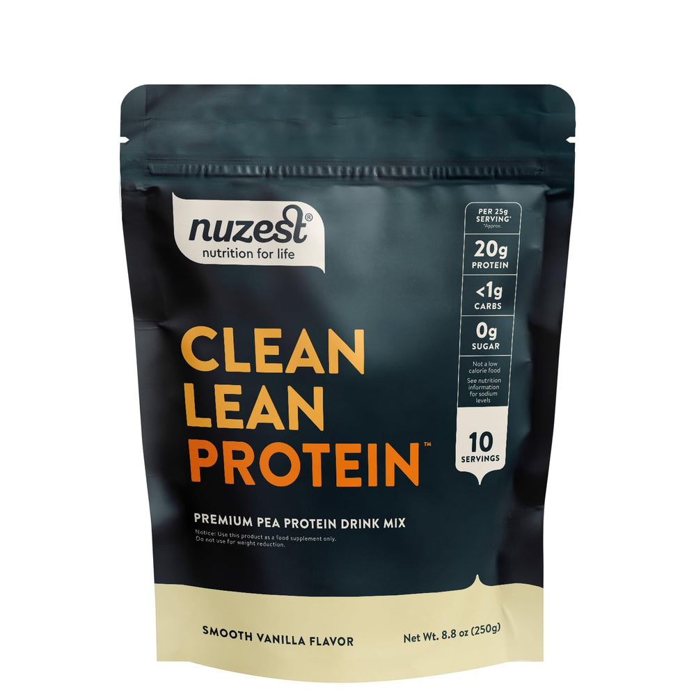 Nuzest pea protein powder smooth vanilla powder highlights plant-based protein for daily vitality.