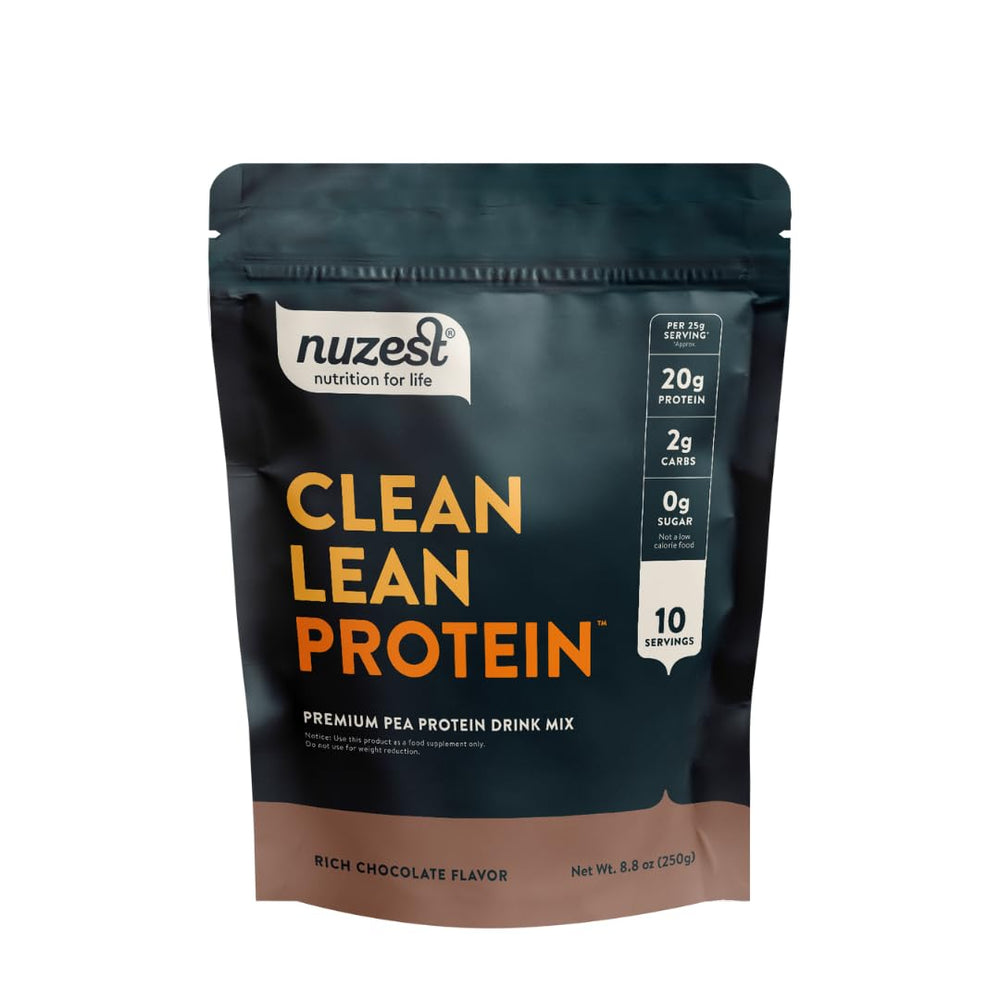 Nuzest pea protein powder tub in chocolate flavor for vegan shakes