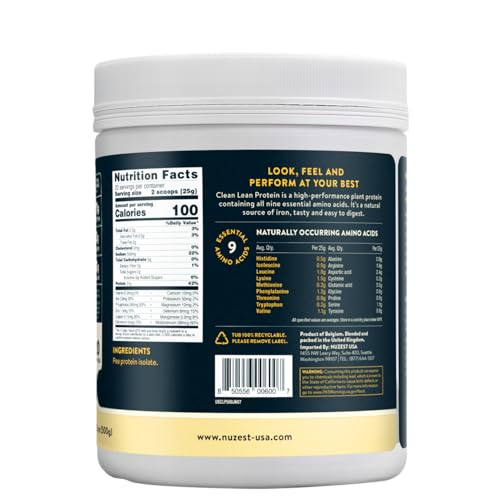 Nuzest pea protein bottle close-up emphasizing allergen-free, dairy-free formula.