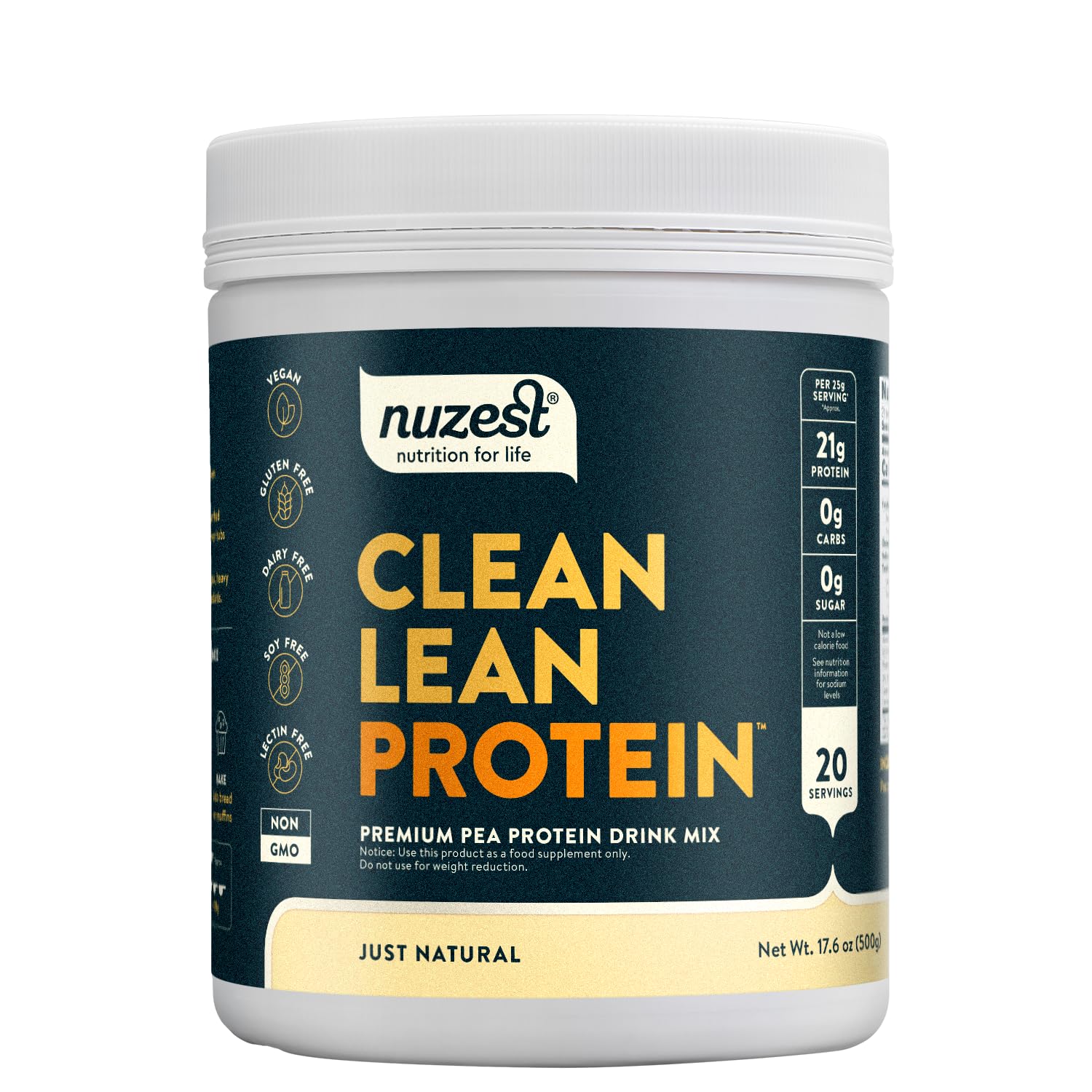 Nuzest pea protein powder unflavored jar showcasing allergen-free ingredients.