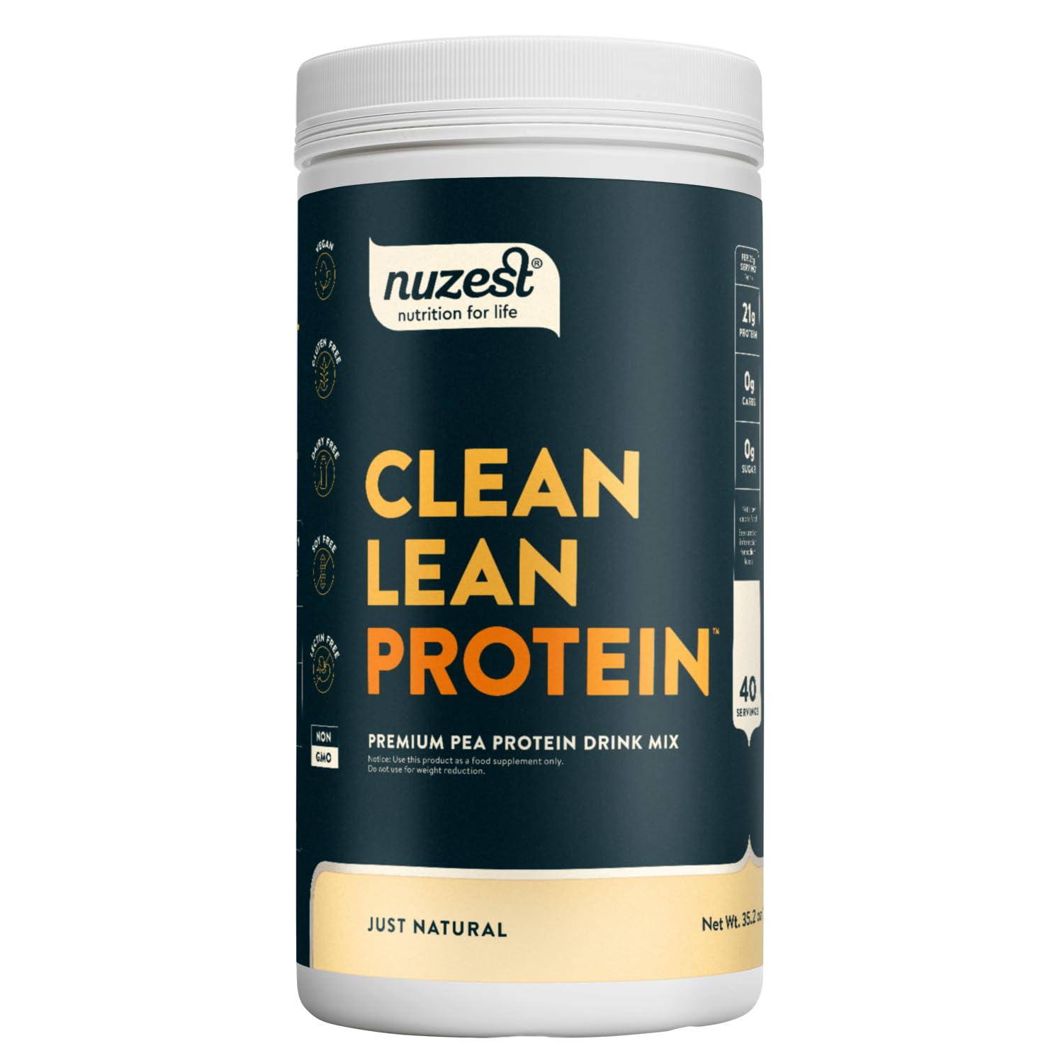 Nuzest pea protein powder tub front view for a clean plant-based option for daily nutrition