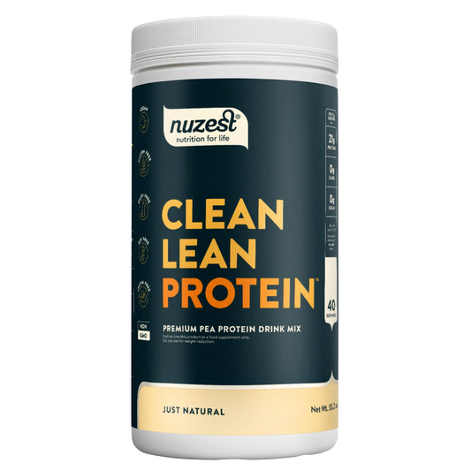 Nuzest pea protein powder tub front view for a clean plant-based option for daily nutrition