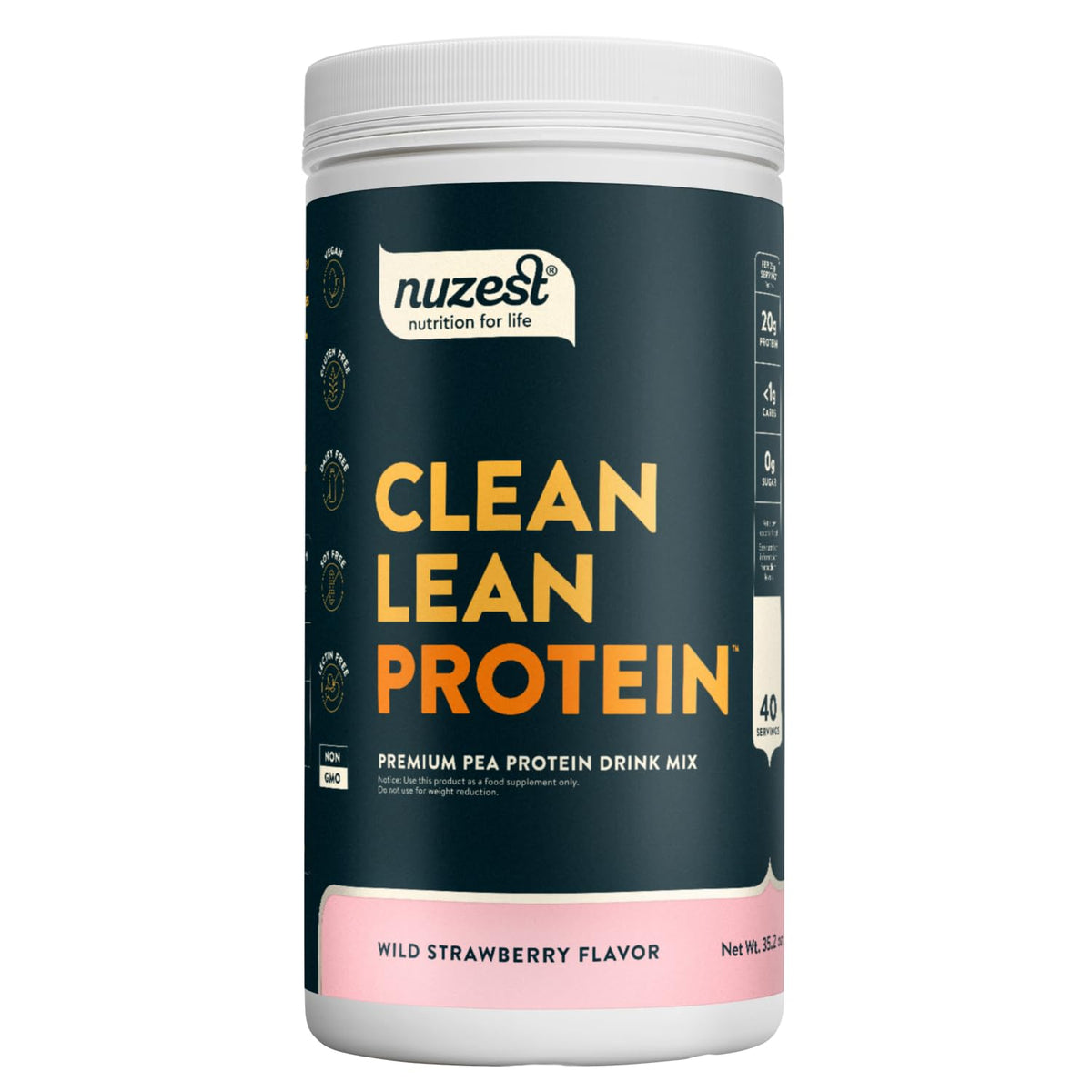 Nuzest pea protein powder bottle with wild strawberry flavor for clean nutrition.
