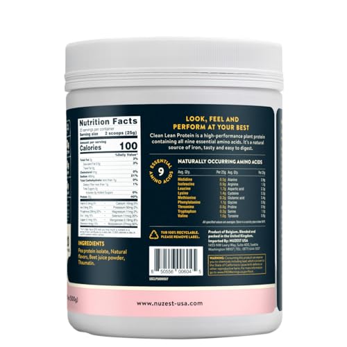 Nuzest pea protein powder Wild Strawberry scoop highlights convenient serving for quick shakes.