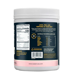 Nuzest pea protein powder Wild Strawberry scoop highlights convenient serving for quick shakes.
