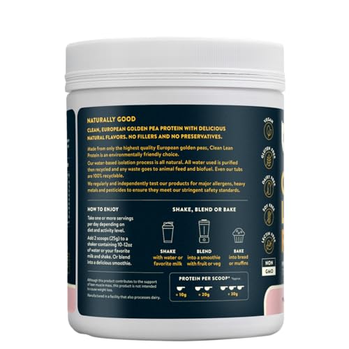 Nuzest pea protein powder Wild Strawberry tub back showing ingredients and allergen-free formulation.