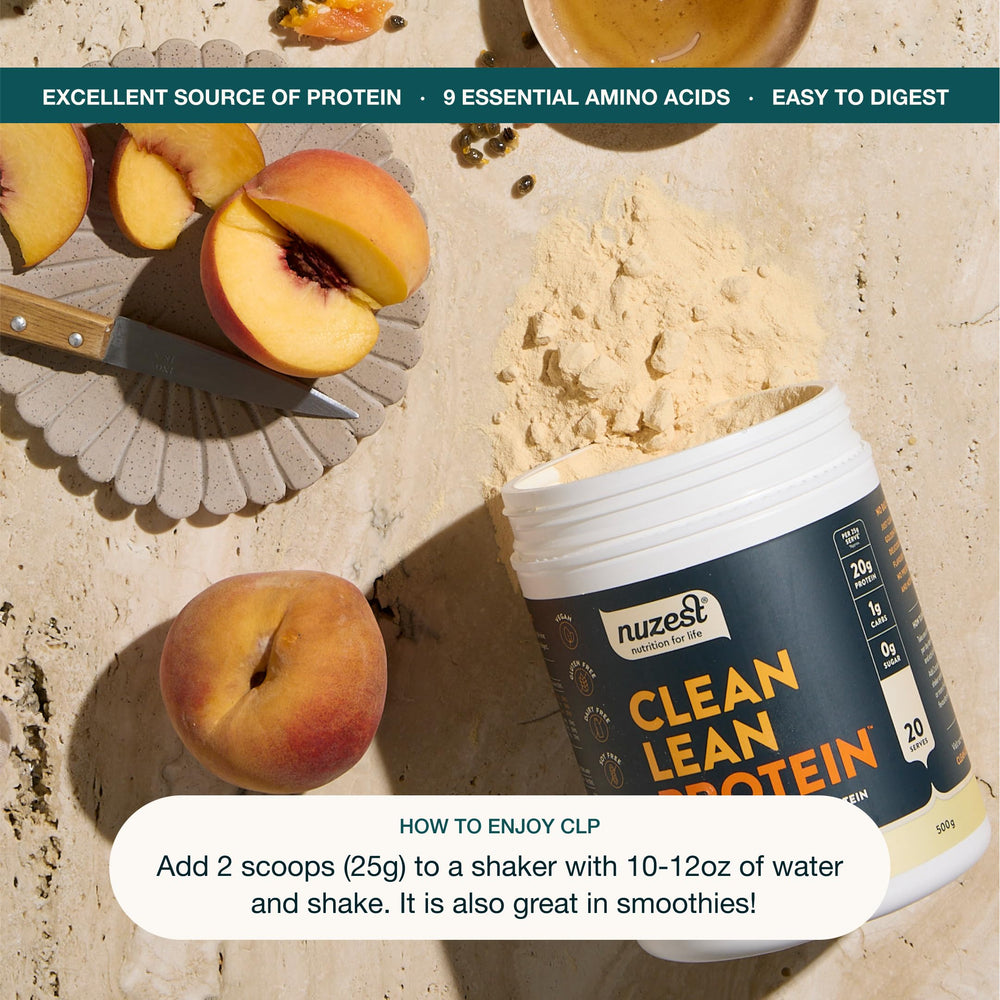 Nuzest pea protein shake in a glass for quick post-workout use.