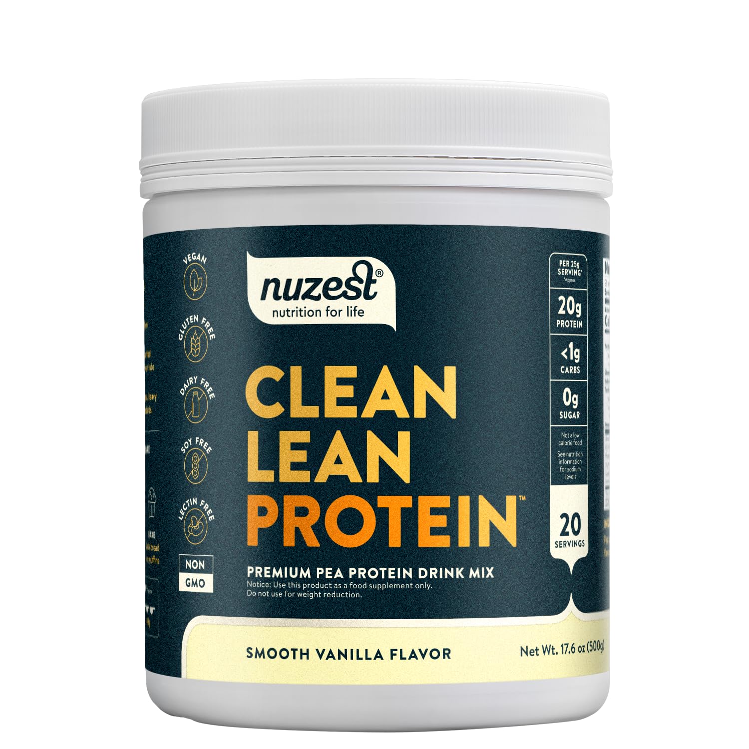 Nuzest pea protein powder vanilla bottle, dairy-free plant-based nutrition for workouts.