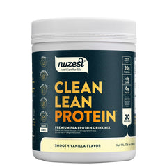 Nuzest pea protein powder vanilla bottle, dairy-free plant-based nutrition for workouts.