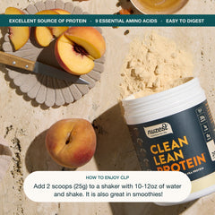 Nuzest vanilla pea protein powder mix close-up, dissolves smoothly.