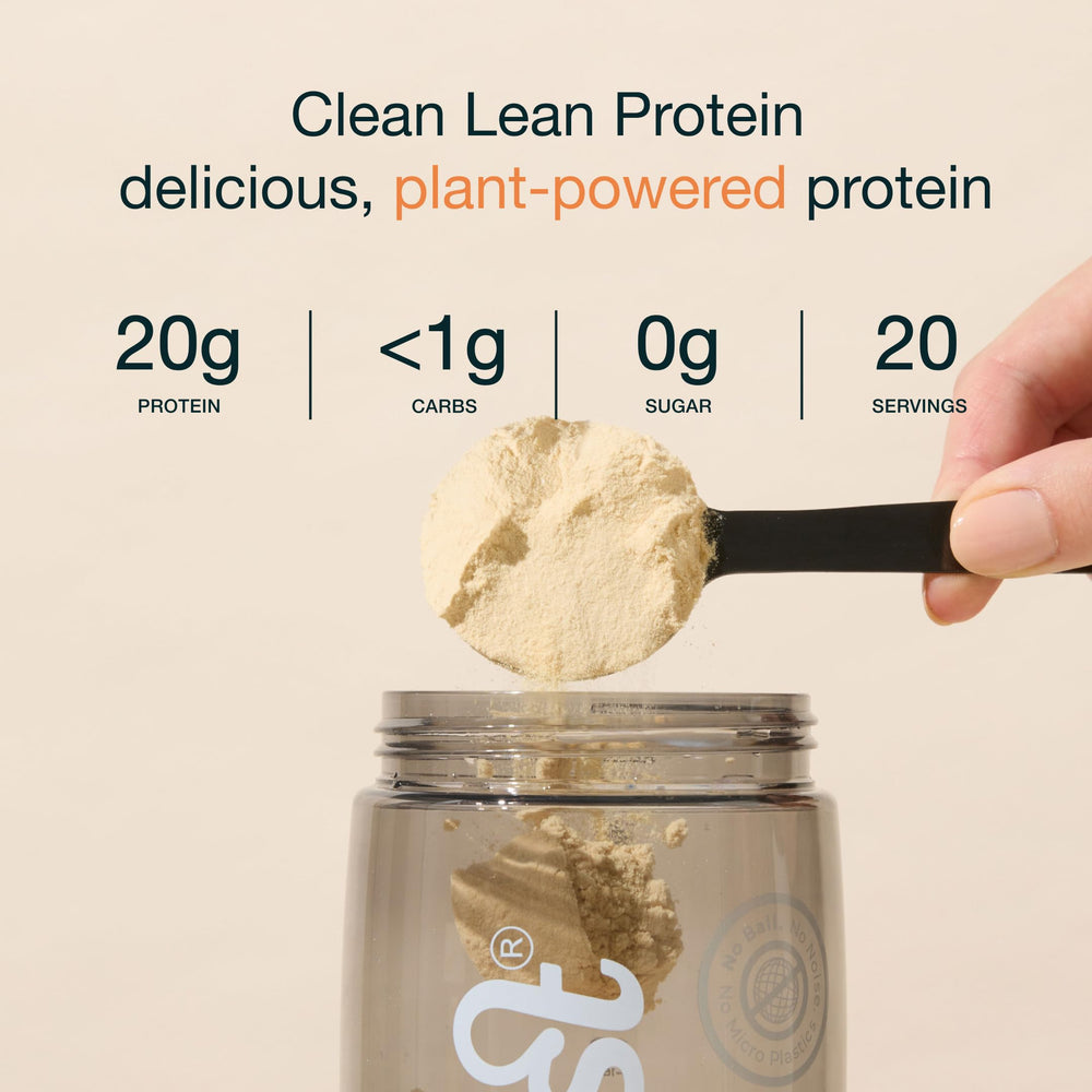 Nuzest vanilla protein label close-up, non-GMO and allergen-free.