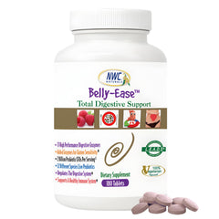 NWC Naturals Belly-Ease bottle shown for daily digestion support.