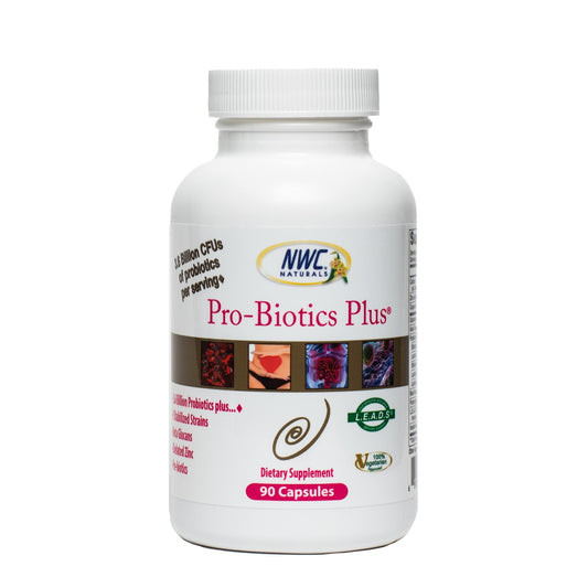 NWC Naturals Pro-Biotics Plus bottle front supports immune balance and digestive wellness