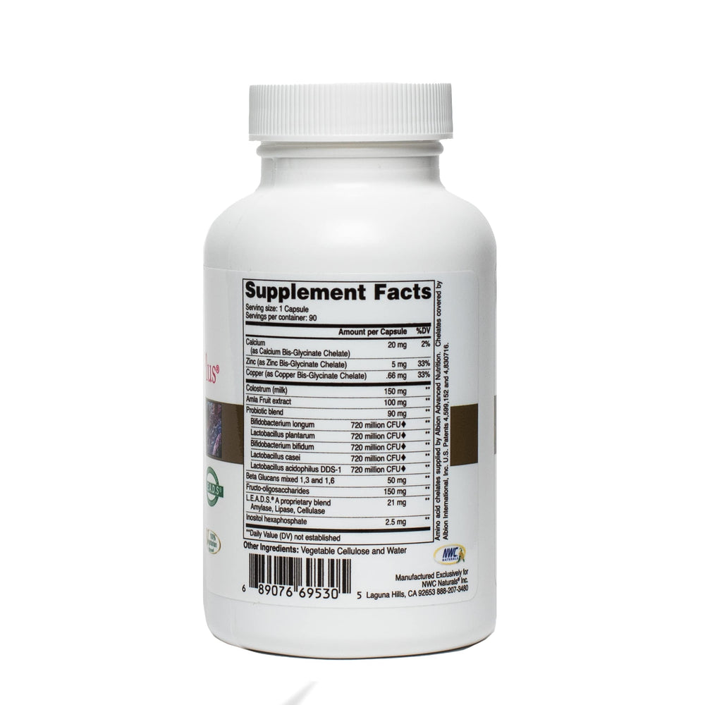 NWC Naturals Pro-Biotics Plus capsules close-up highlights vegetarian formula for daily family use
