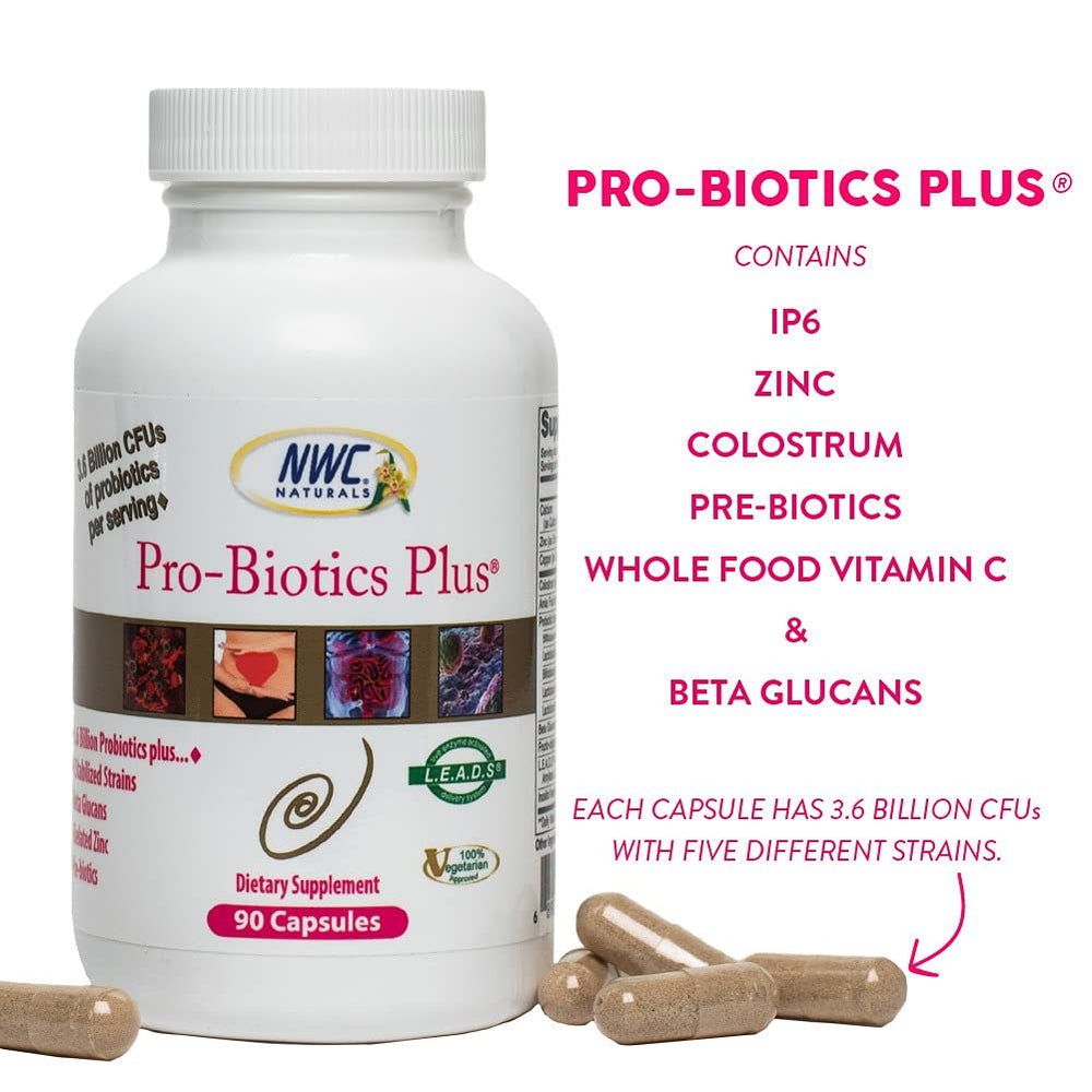 NWC Naturals Pro-Biotics Plus ingredients panel highlights IP6, Zinc, Colostrum, Beta Glucans