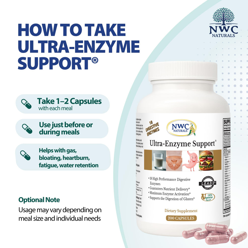 NWC Naturals Ultra-Enzyme Support bottle with glass of water for digestion support.