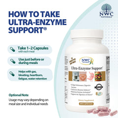 NWC Naturals Ultra-Enzyme Support bottle with glass of water for digestion support.
