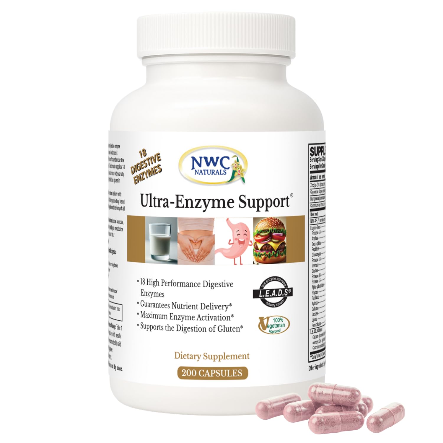 NWC Naturals Ultra-Enzyme Support bottle on a counter supports digestion after meals.